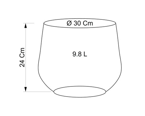 Nákres květináče o rozměrech 30 cm v průměru, 24 cm na výšku a objemu 9,8 litru