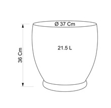 Nákres květináče s rozměry průměr 37 centimetrů, výška 36 centimetrů a objem 21,5 litru.