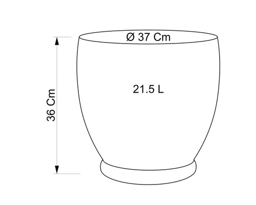 Nákres květináče s rozměry průměr 37 centimetrů, výška 36 centimetrů a objem 21,5 litru.