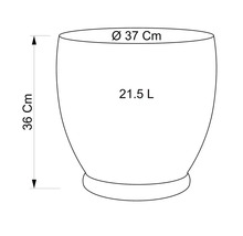 Nákres květináče s rozměry 36 cm výška, 37 cm průměr a objem 21,5 litru.