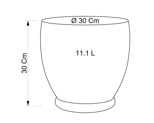 Nákres květináče o rozměrech 30 cm výška, 30 cm průměr a 11,1 litru objem