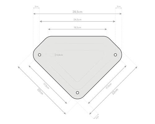 Rozměry desky se třemi otvory a zaoblenými rohy