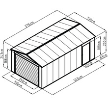 Technický výkres garáže se sedlovou střechou, sekčními vraty a bočními dveřmi. Vnější rozměry: 576 na 338 centimetrů. Výška hřebene: 243 centimetrů.