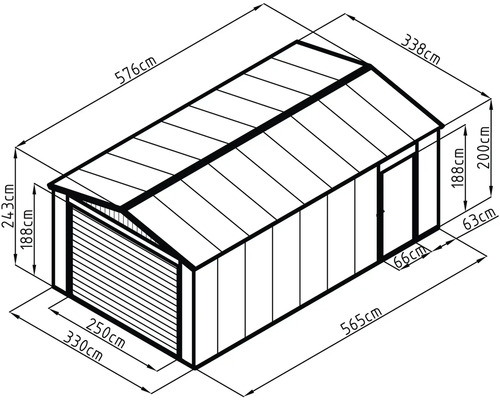 Technický výkres garáže se sedlovou střechou, sekčními vraty a bočními dveřmi. Vnější rozměry: 576 na 338 centimetrů. Výška hřebene: 243 centimetrů.