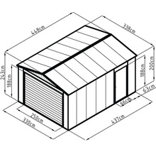 Technický výkres zahradního domku s rozměry: šířka 330 centimetrů, hloubka 437 centimetrů, celková výška 243 centimetrů.