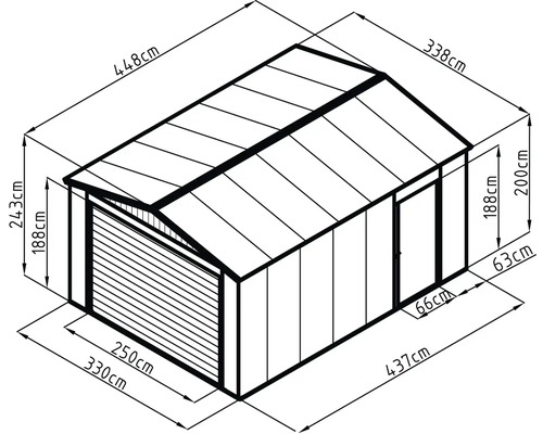 Technický výkres zahradního domku s rozměry: šířka 330 centimetrů, hloubka 437 centimetrů, celková výška 243 centimetrů.