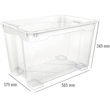 Průhledný plastový úložný box o rozměrech 565 x 379 x 349 milimetrů