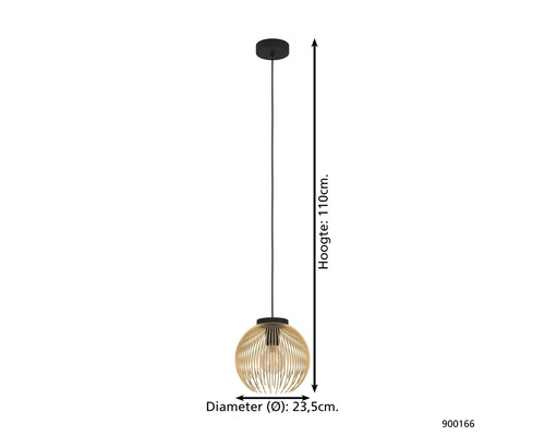Závěsné svítidlo o výšce 110 cm a průměru 23,5 cm.