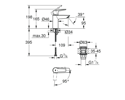 Technický výkres vodovodní baterie s rozměry