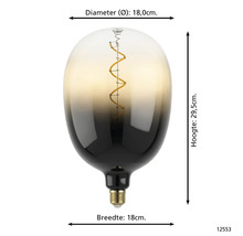 Dekorativní LED žárovka o průměru 18 centimetrů a výšce 29,5 centimetrů.