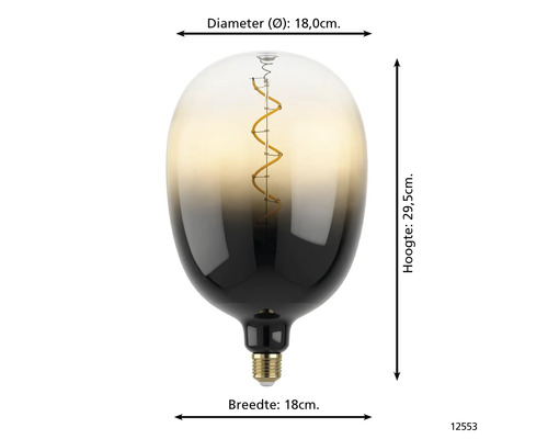 Dekorativní LED žárovka o průměru 18 centimetrů a výšce 29,5 centimetrů.
