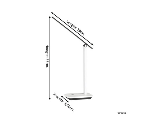 Stolní lampa o rozměrech 33 cm délka, 35 cm výška a 3,5 cm šířka.