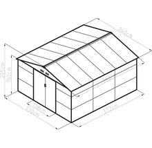 Technický nákres skleníku: šířka 330 centimetrů, hloubka 372 centimetrů, výška hřebene 205 centimetrů, výška stěny 160 centimetrů.