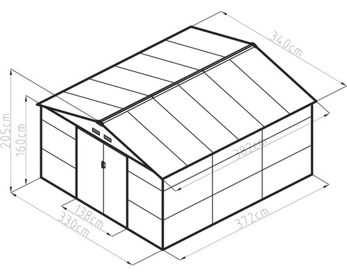 Technický nákres skleníku: šířka 330 centimetrů, hloubka 372 centimetrů, výška hřebene 205 centimetrů, výška stěny 160 centimetrů.