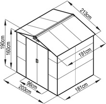 Technický výkres zahradního domku s rozměry: výška 190 centimetrů, šířka 203 centimetrů, hloubka 181 centimetrů.