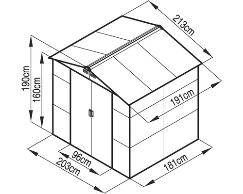 Technický výkres zahradního domku s rozměry: výška 190 centimetrů, šířka 203 centimetrů, hloubka 181 centimetrů.