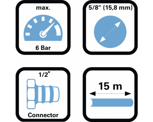 Technické údaje: maximálně 6 barů, 5/8 palce (15,8 milimetrů), 1/2 palcová přípojka, 15 metrů délka hadice