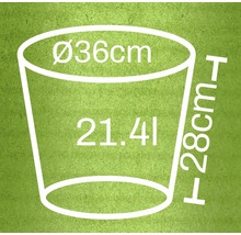 Nákres květináče o rozměrech průměr 36 centimetrů, výška 28 centimetrů a objem 21,4 litru