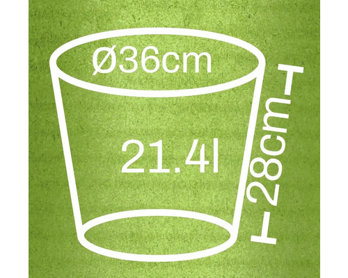 Nákres květináče o rozměrech průměr 36 centimetrů, výška 28 centimetrů a objem 21,4 litru