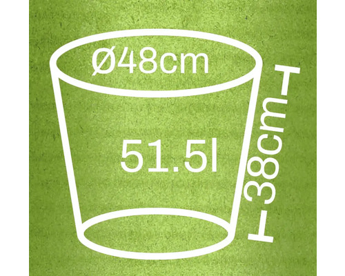 Obrázek květináče s rozměry průměr 48 cm, výška 38 cm a objem 51,5 litru