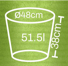 Nákres květináče s rozměry průměr 48 centimetrů, výška 38 centimetrů a objem 51,5 litru