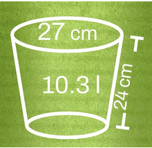 Nákres květináče o rozměrech 27 centimetrů, 24 centimetrů a objemu 10,31 litru