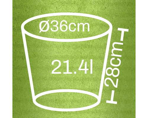 Rozměry květináče: průměr 36 centimetrů, výška 28 centimetrů, objem 21,41 litru