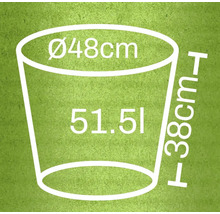 Schéma květináče s rozměry průměru 48 centimetrů, výšky 38 centimetrů a objemu 51,5 litru