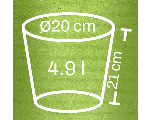Obrázek rozměrů květináče: průměr nahoře 20 centimetrů, výška 21 centimetrů, objem 4,9 litru