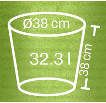 Nákres květináče o rozměrech 38 centimetrů v průměru, 38 centimetrů na výšku a 32,31 litrů objemu