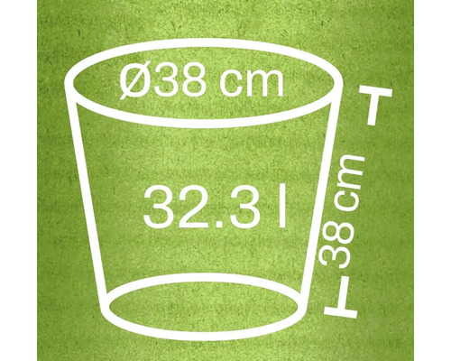 Nákres květináče o rozměrech 38 centimetrů v průměru, 38 centimetrů na výšku a 32,31 litrů objemu