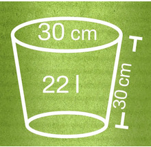 Rozměrový náčrt 22litrového kbelíku o průměru 30 centimetrů a výšce 30 centimetrů