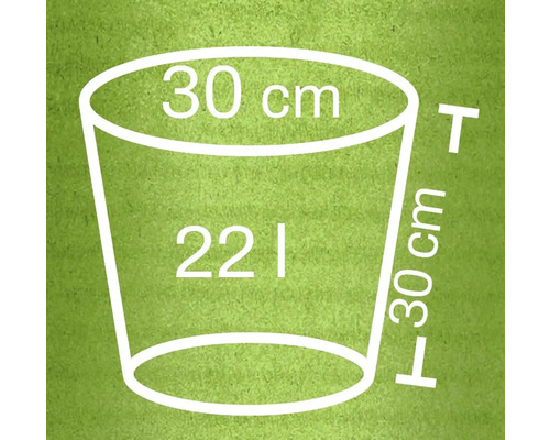 Rozměrový náčrt 22litrového kbelíku o průměru 30 centimetrů a výšce 30 centimetrů