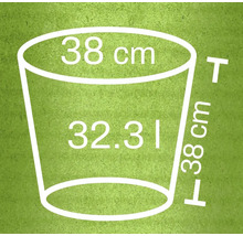 Rozměry květináče: průměr 38 centimetrů, objem 32,31 litru, výška 38 centimetrů