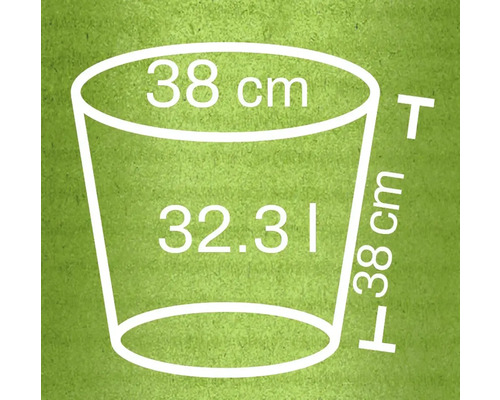 Rozměry květináče: průměr 38 centimetrů, objem 32,31 litru, výška 38 centimetrů