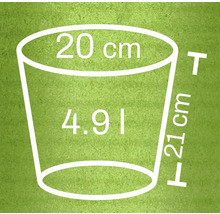 Nákres květináče s rozměry 20 cm v průměru nahoře, 21 cm na výšku a objemem 4,91 litru