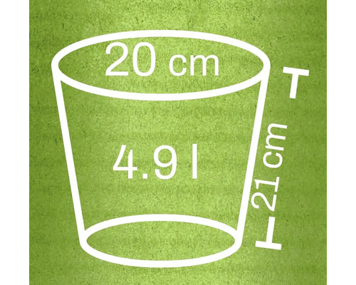 Nákres květináče s rozměry 20 cm v průměru nahoře, 21 cm na výšku a objemem 4,91 litru
