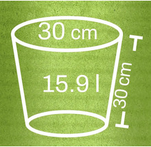 Náčrt květináče s rozměry 30 cm v průměru, 30 cm na výšku a objemem 15,91 litru