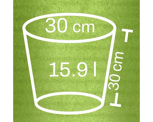 Náčrt květináče s rozměry 30 cm v průměru, 30 cm na výšku a objemem 15,91 litru