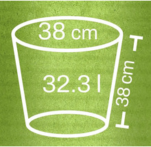 Nákres květináče o rozměrech 38 centimetrů v průměru, 38 centimetrů na výšku a objemu 32,31 litru