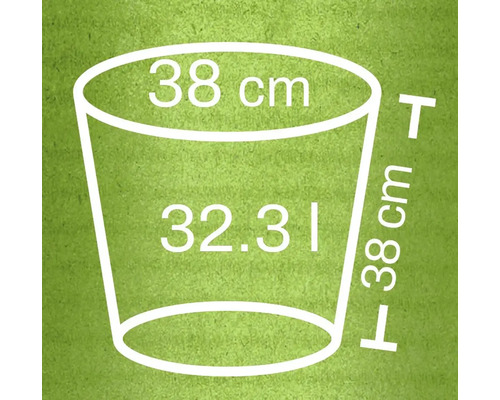 Nákres květináče o rozměrech 38 centimetrů v průměru, 38 centimetrů na výšku a objemu 32,31 litru