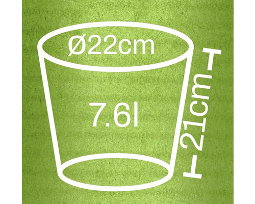 Obrázek rozměrů květináče: průměr 22 cm, výška 21 cm, objem 7,6 litru