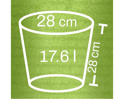 Ilustrace květináče o rozměrech 28 cm na výšku, 28 cm v průměru a objemu 17,61 litru