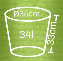 Nákres květináče s rozměry průměr 35 centimetrů, výška 33 centimetrů a objem 34 litrů.