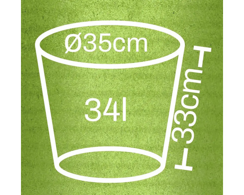 Nákres květináče s rozměry průměr 35 centimetrů, výška 33 centimetrů a objem 34 litrů.