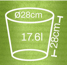 Květináč o průměru 28 cm, výšce 28 cm a objemu 17,61 litru.