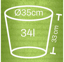 Ilustrace květináče s rozměry průměr 35 cm, výška 33 cm a objem 34 litrů