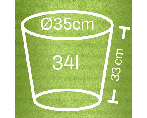 Ilustrace květináče s rozměry průměr 35 cm, výška 33 cm a objem 34 litrů