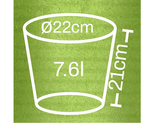 Ilustrace květináče s rozměry průměr 22 cm, výška 21 cm a objem 7,6 litru