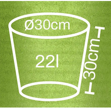 Ilustrace květináče o průměru 30 centimetrů, výšce 30 centimetrů a objemu 22 litrů